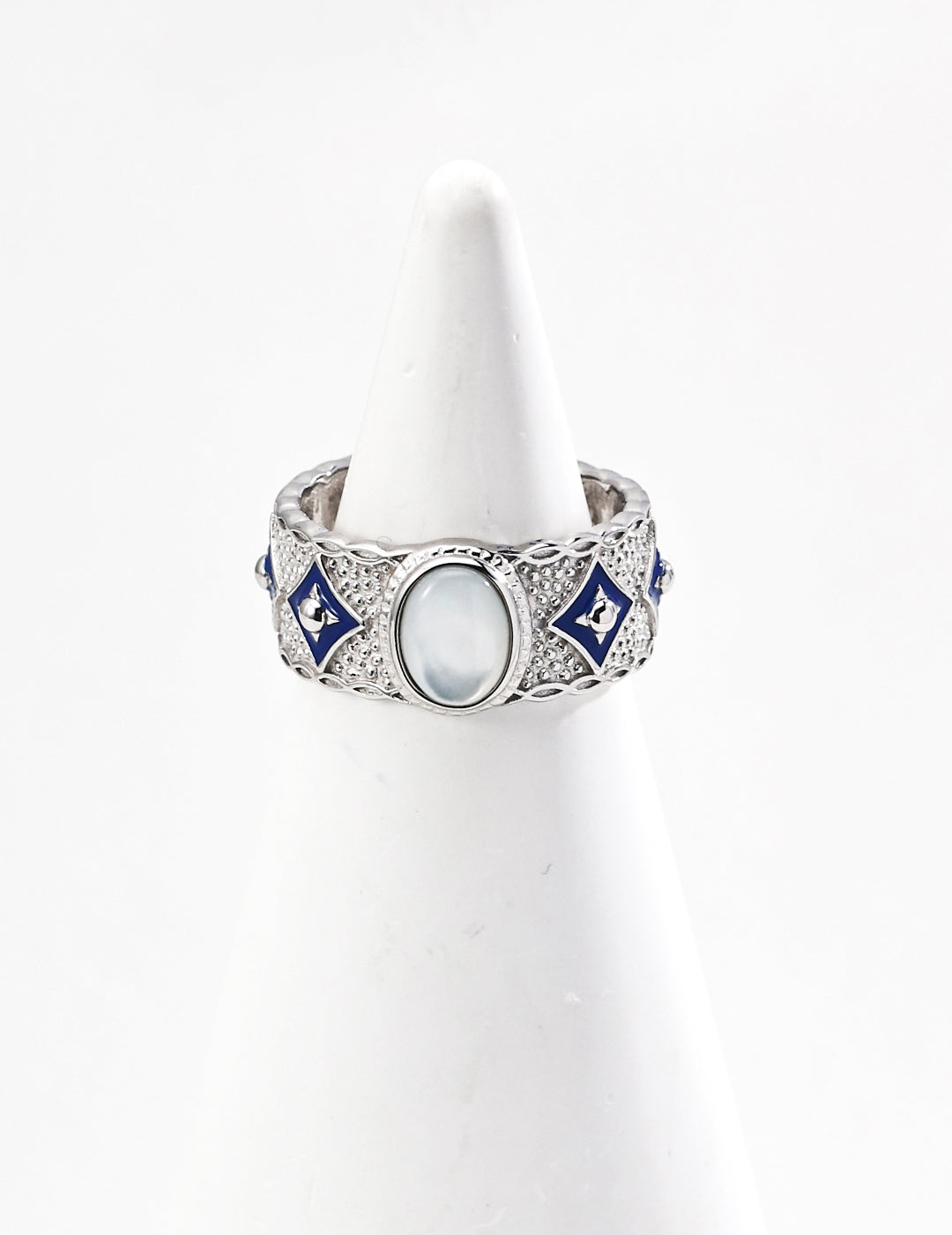 S925 Silver Vintage Blue Enamel Ring - Lapis Lazuli/Mother of Pearl White gold Sterling silver ring