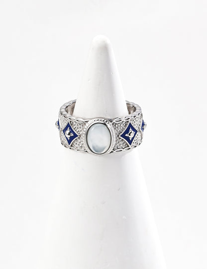 S925 Silver Vintage Blue Enamel Ring - Lapis Lazuli/Mother of Pearl White gold Sterling silver ring