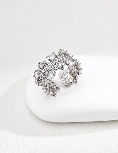 S925 Silver Cubic Zirconia Ring - Adjustable White gold Sterling silver