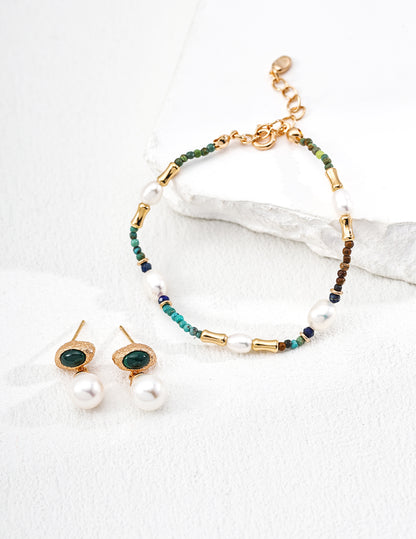 S925 Silver Natural Pearl & Malachite Earrings - Minimalist Deep Teal Green