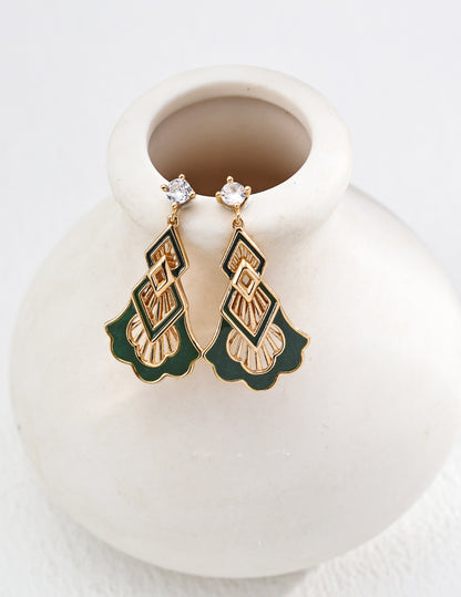 S925 Silver Vintage Enamel & Cubic Zirconia Drop Earrings Retro gold