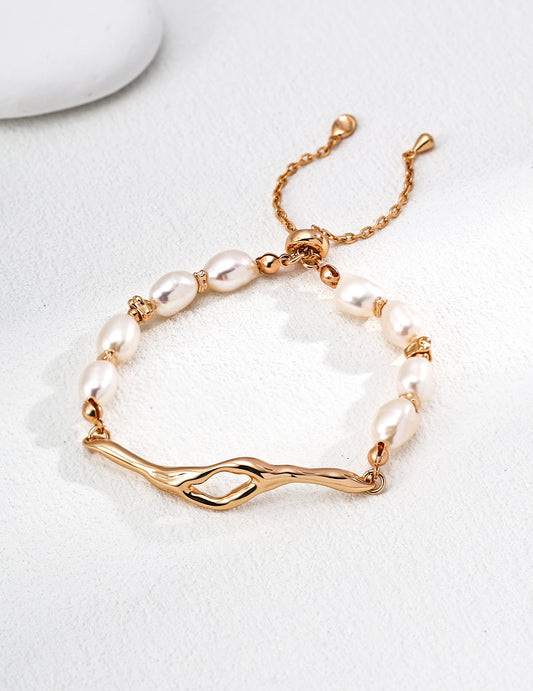 S925 Silver Natural Pearl Bracelet - Lava Series Retro gold