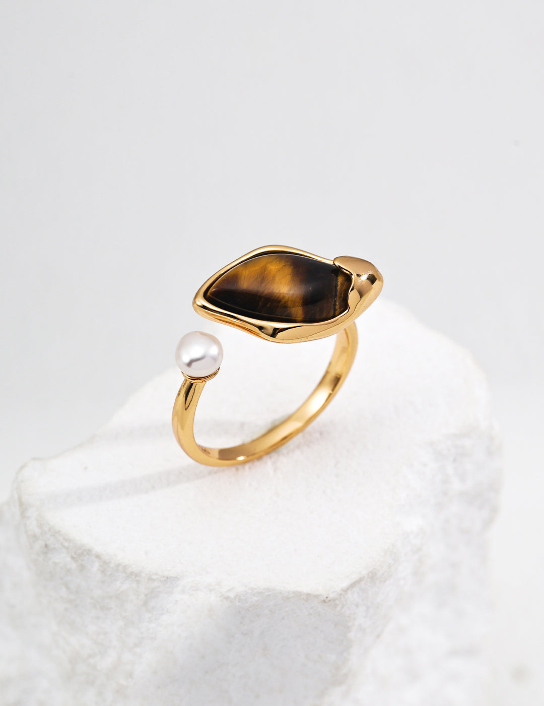925 Silver Tiger Eye & Pearl Ring - Adjustable