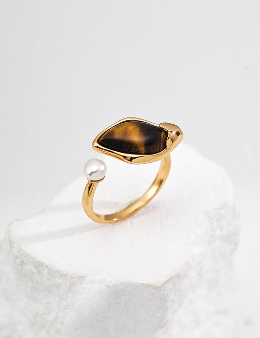 925 Silver Tiger Eye & Pearl Ring - Adjustable