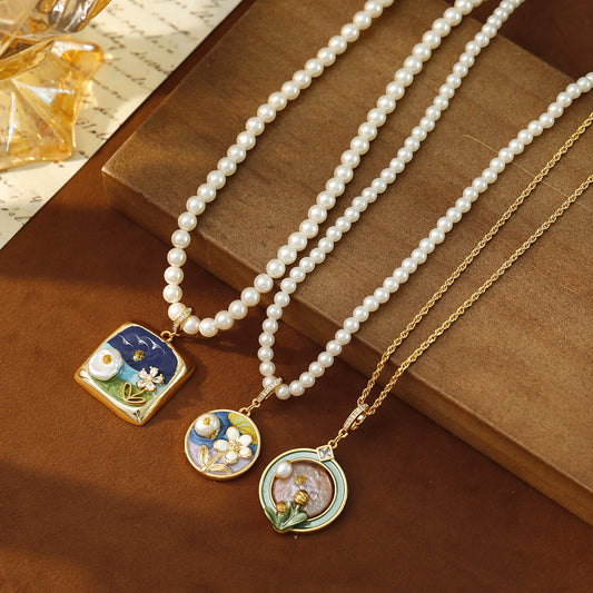 Liuvelle Monet Garden Series 18K Gold Pearl Necklace – Handmade Light Luxury Jewelry for Women, Elegant French Vintage High-End Gift