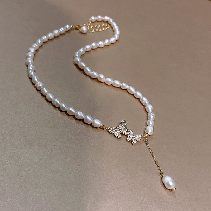 Liuvelle Elegant Butterfly Pearl Necklace – Micro-Pavé Zirconia, Freshwater Pearls