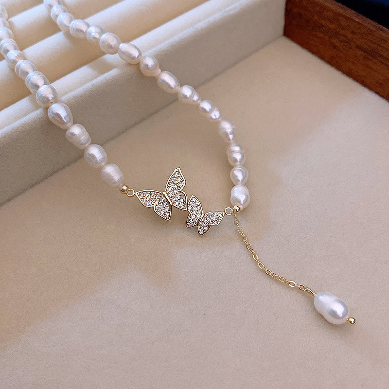 Liuvelle Elegant Butterfly Pearl Necklace – Micro-Pavé Zirconia, Freshwater Pearls