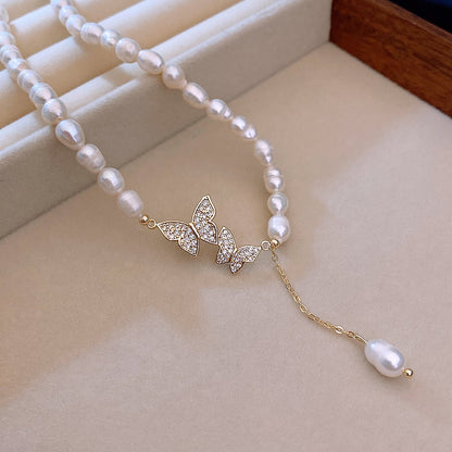 Liuvelle Elegant Butterfly Pearl Necklace – Micro-Pavé Zirconia, Freshwater Pearls