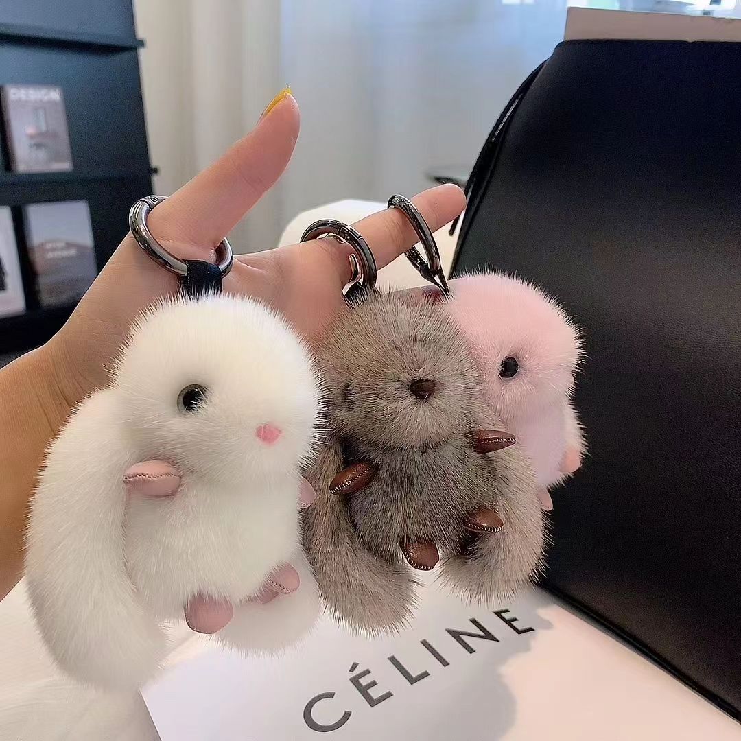Fluffy Bunny Car Keychain Plush Bag Charm Gift