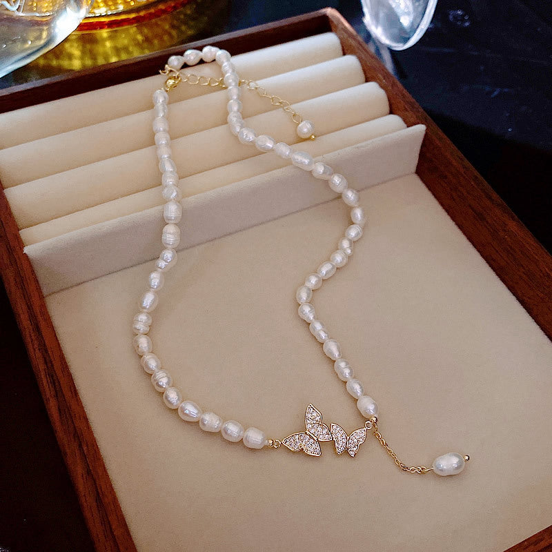 Liuvelle Elegant Butterfly Pearl Necklace – Micro-Pavé Zirconia, Freshwater Pearls