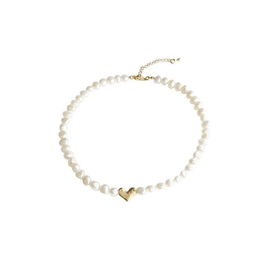 Liuvelle Baroque Pearl Necklace with Matte Gold Heart Pendant