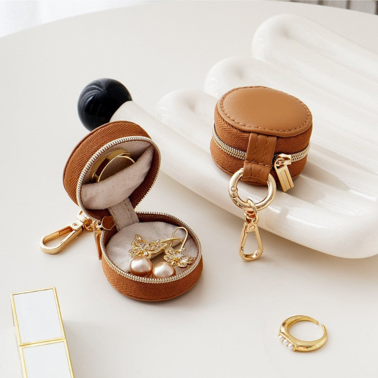 Liuvelle Mini Leather Jewelry Box for Ring Storage and Organizing Circular section-Brown