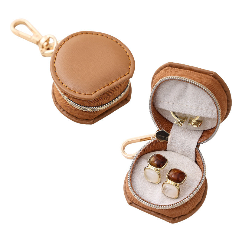 Liuvelle Mini Leather Jewelry Box for Ring Storage and Organizing Semi-circular style-Brown