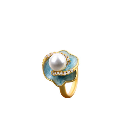 Mint Manbo Enamel Pearl Adjustable Ring – Classic Light Luxury High-End Jewelry for Women