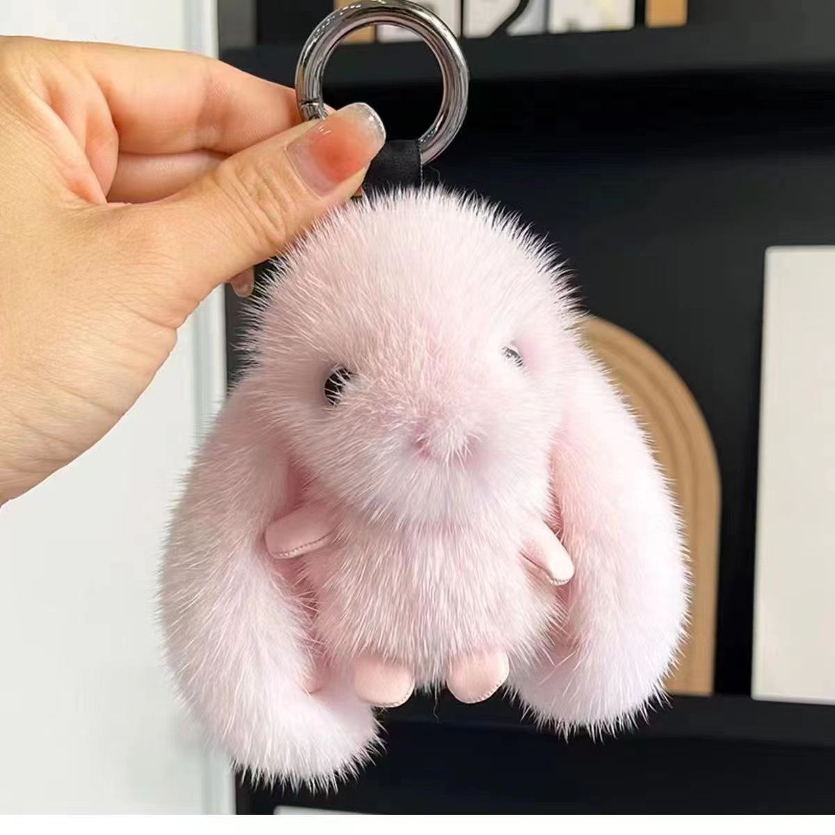 Fluffy Bunny Car Keychain Plush Bag Charm Gift Pink