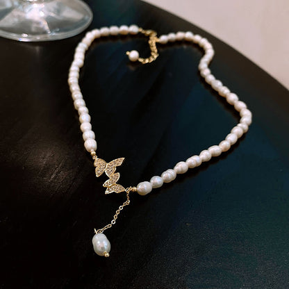 Liuvelle Elegant Butterfly Pearl Necklace – Micro-Pavé Zirconia, Freshwater Pearls