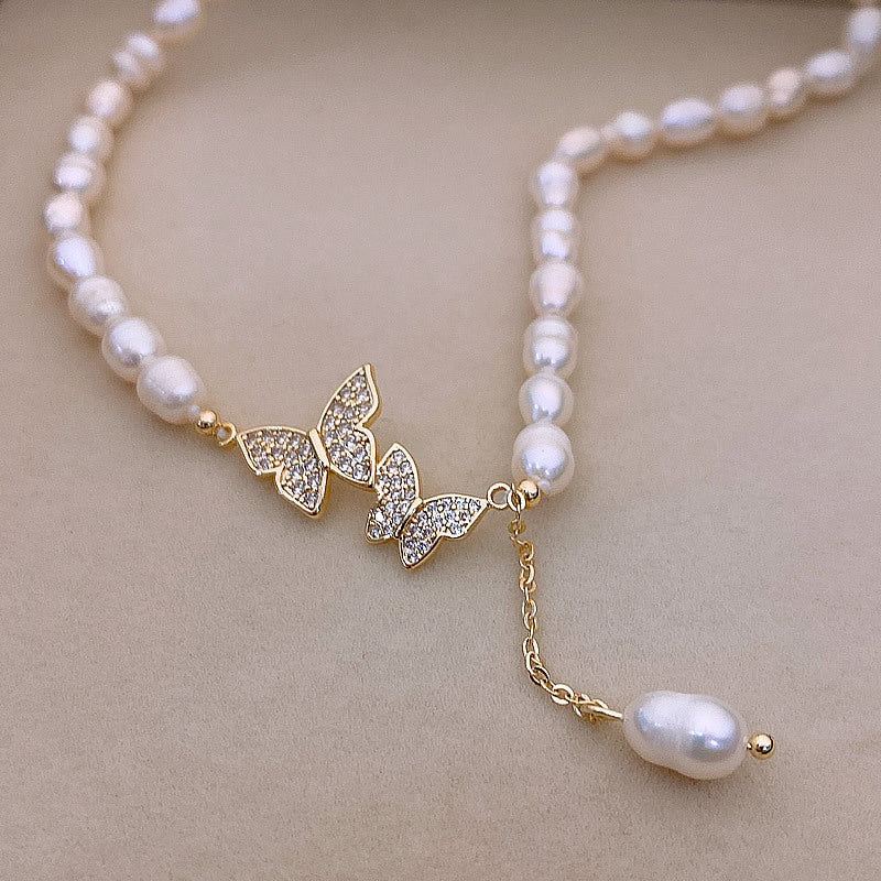 Liuvelle Elegant Butterfly Pearl Necklace – Micro-Pavé Zirconia, Freshwater Pearls