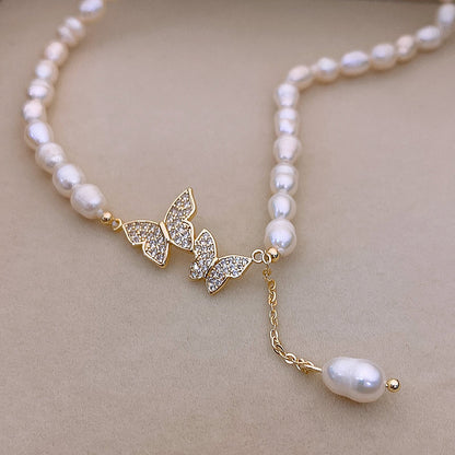 Liuvelle Elegant Butterfly Pearl Necklace – Micro-Pavé Zirconia, Freshwater Pearls