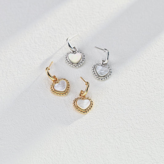 S925 Silver Vintage Mother of Pearl Heart Earrings