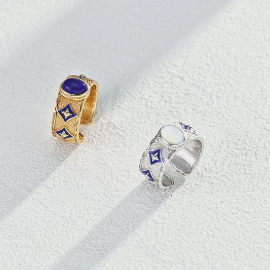 S925 Silver Vintage Blue Enamel Ring - Lapis Lazuli/Mother of Pearl