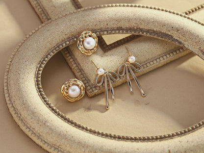 S925 Silver Natural Pearl Bow Earrings - Vintage Style