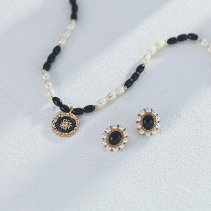 S925 Silver Designer Black Onyx & Faux Pearl Earrings