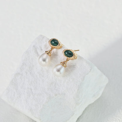 S925 Silver Natural Pearl & Malachite Earrings - Minimalist