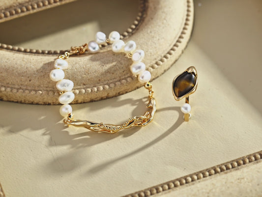 925 Silver Tiger Eye & Pearl Ring - Adjustable